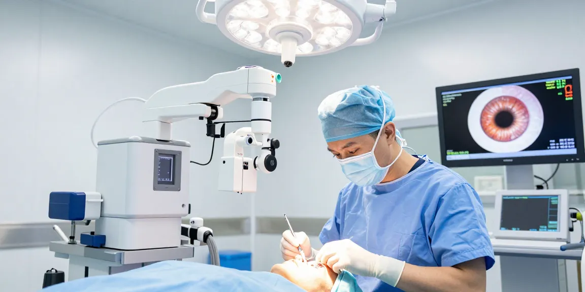 Eye surgeon performing Хараазасахмэсзасал in high-tech operating room, showcasing advanced eye surgery.