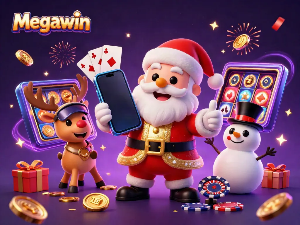 Raih Megawin dengan Santa ceria sambil memegang smartphone jackpot di kasino yang meriah.
