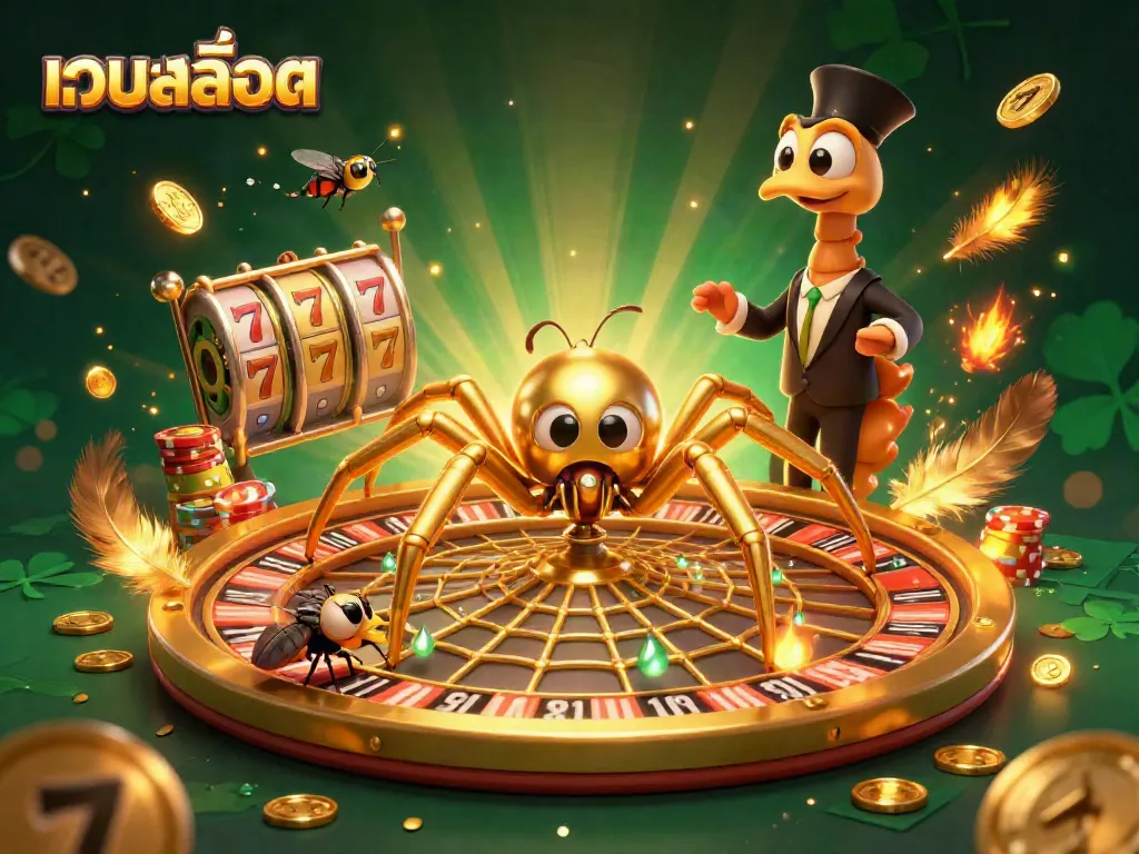 Experience thrilling bets with เว็บสล็อต featuring a golden spider and lively slot reels in action.