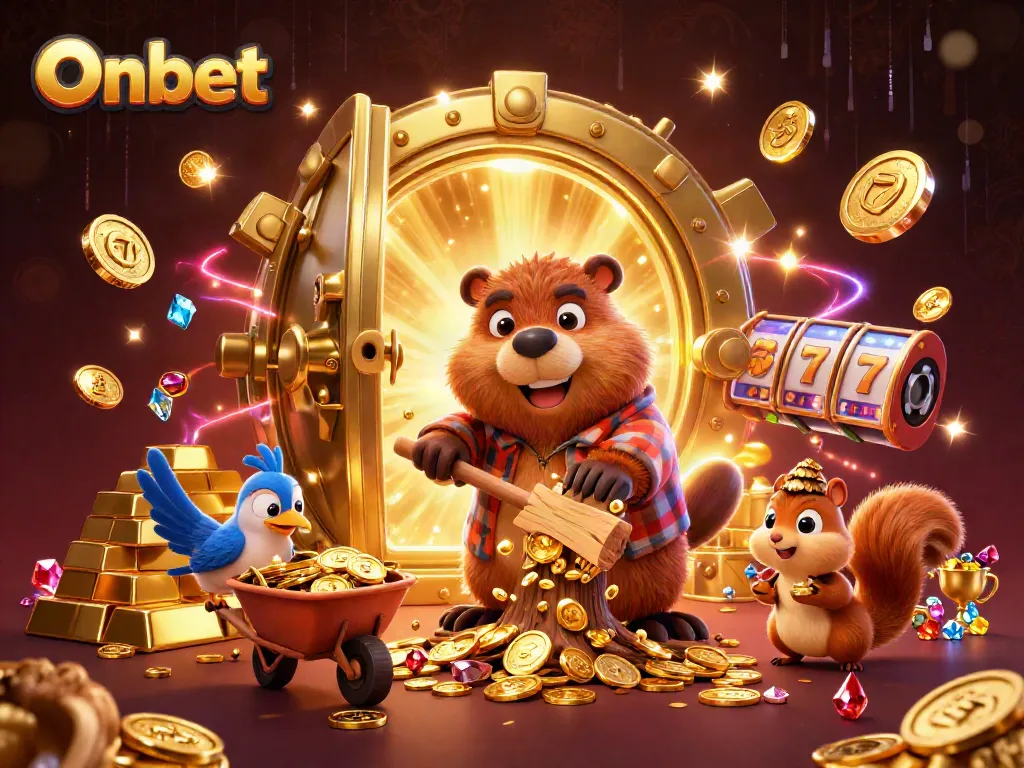 Experience Onbet's vibrant 3D gambling theme with a beaver and friends collecting golden coins in a casino-inspired backdrop.