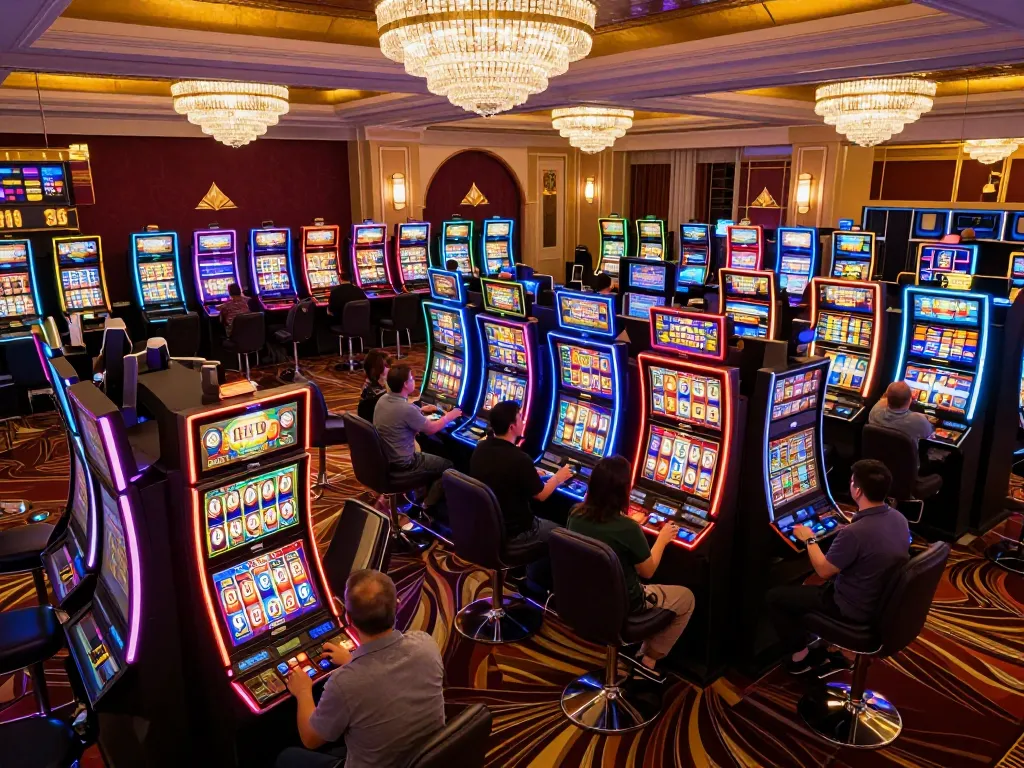 Players enjoying open888 slot machines under vibrant lights and luxurious decor.