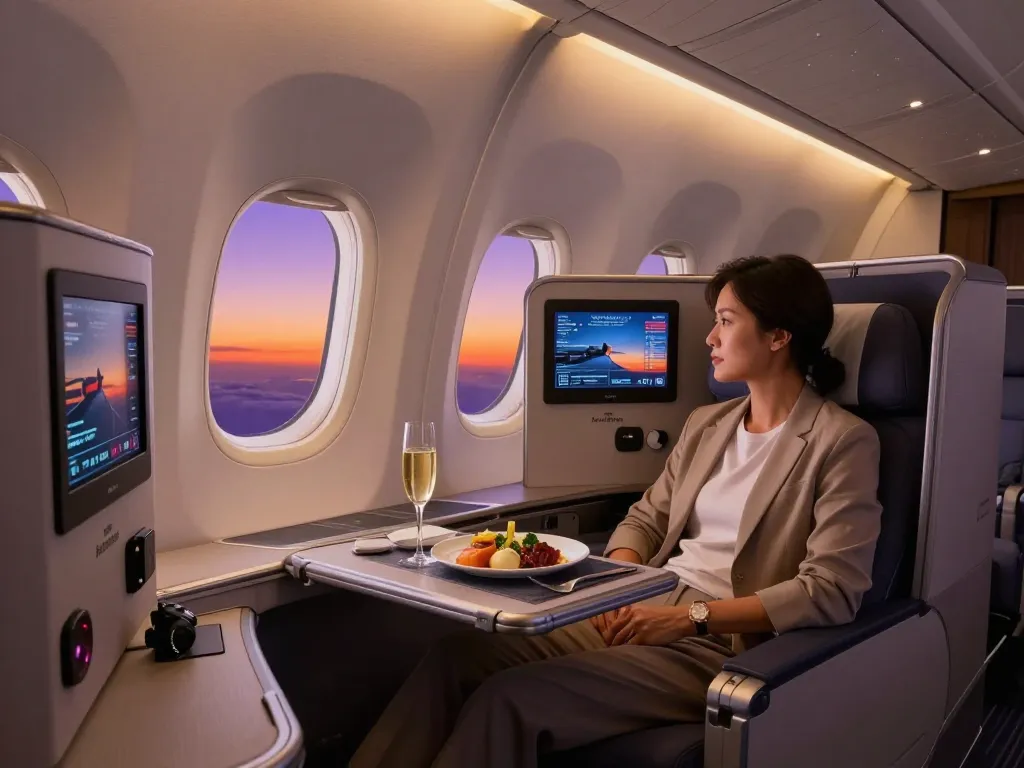 Passenger enjoying luxury in a spacious American Airlines 789P suite during sunset.