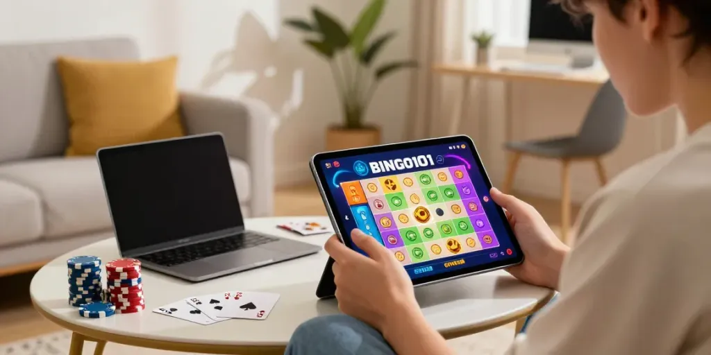 Engaging Bingo app download apk scene showcasing a player enjoying the Bingo101 app in a cozy living room.