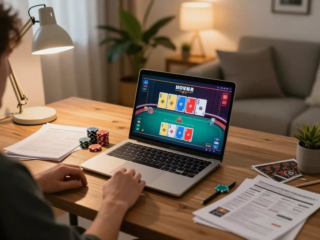 Order online for poker gaming, showcasing an engaging at-home setup with laptop and strategies.