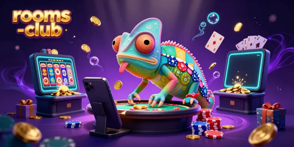 Permainan slot menang cemerlang di platform rooms-club dengan karakter chameleon berwarna-warni.
