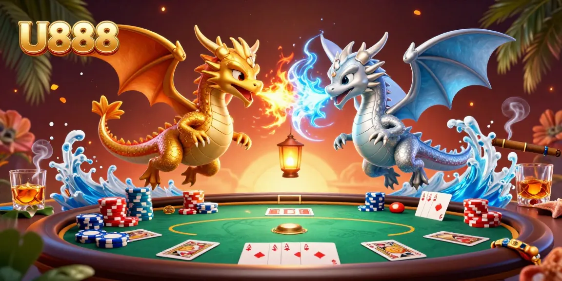 U888 captures thrilling poker action with twin dragons, vibrant chips, and dynamic game elements.