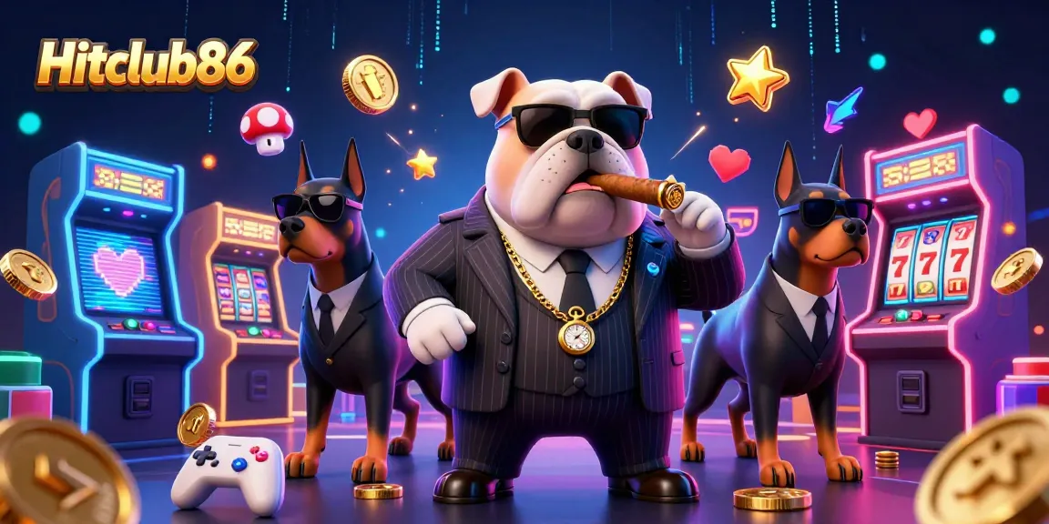 Hitclub86 showcases a vibrant 3D casino scene with a mafia bulldog, arcade games, and slot elements for thrilling gaming action.