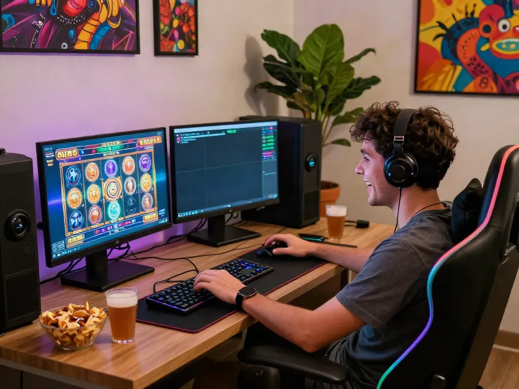 Excited gamer enjoying a slot gacor session on multi-monitor setup with vibrant graphics.