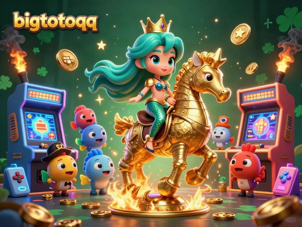 Bigtotoqq captivates with a vibrant 3D casino scene featuring a magical mermaid and arcade game elements.