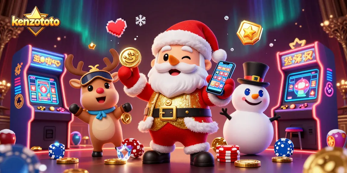 Kenzototo presents an exciting casino scene with Santa, a reindeer dealer, and a poker chip snowman celebrating jackpot wins