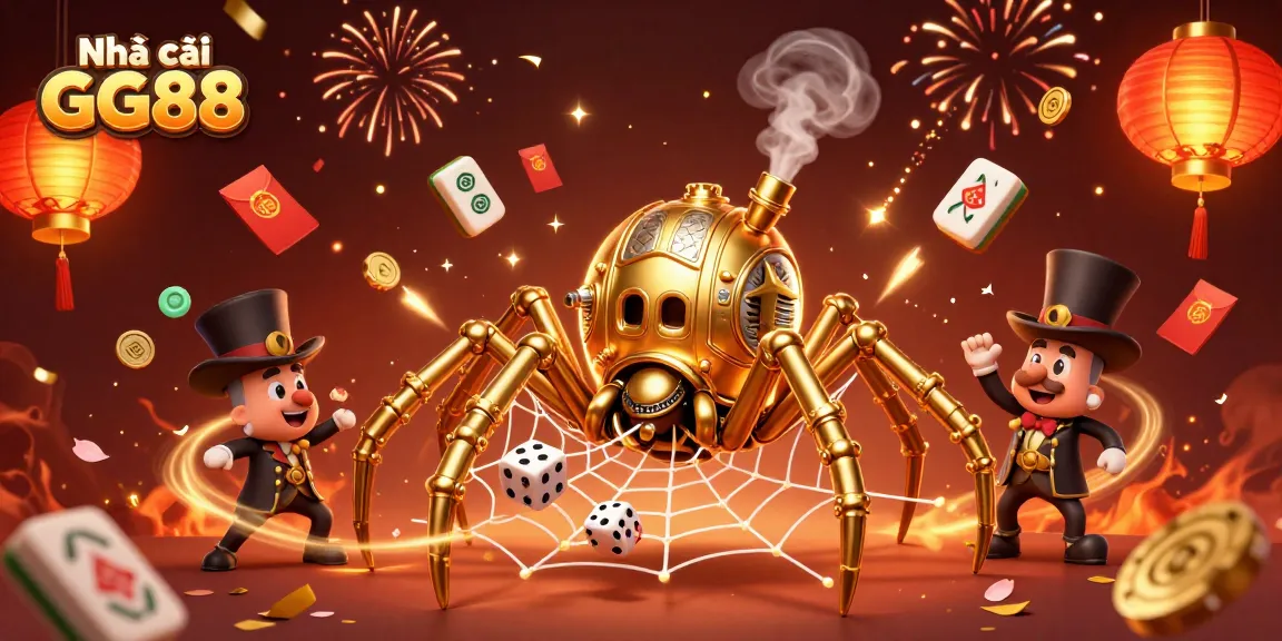 Engage with Nhà cái GG88 for exciting gameplay featuring a steampunk spider and vibrant casino elements.