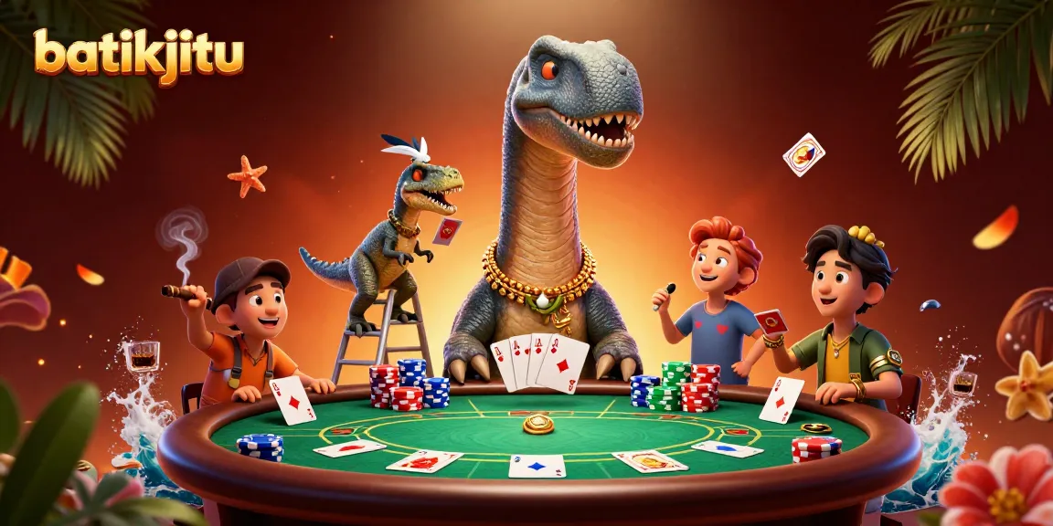 Menangani kartu di meja poker oleh brontosaurus batikjitu yang menyentuh atap kasino.