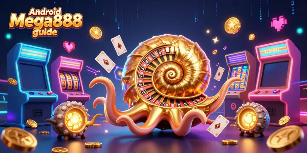 Play thrilling slots with the Android Mega888 guide featuring colorful 3D casino elements and characters.