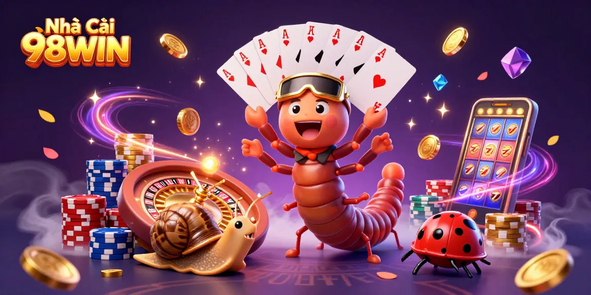 Experience the thrill of gambling with Nhà cái 98WIN in this dynamic casino scene featuring vibrant characters and games.