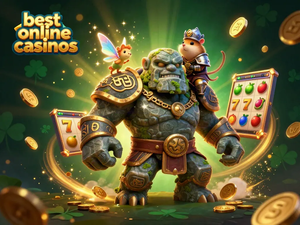 Experience the magic of best online casinos with a 3D golem guardian and exciting game elements.