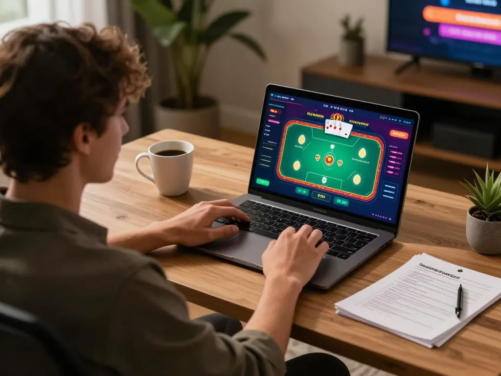 Player enjoying online poker at home, strategizing with 88aa on their laptop.