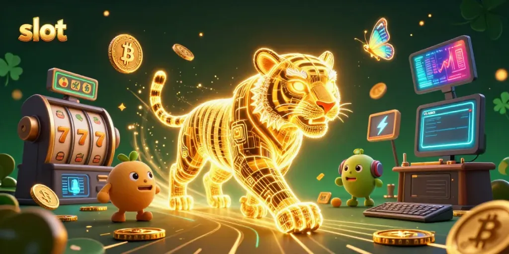 Memenangkan slot dengan tiger neon dan elemen kasino digital yang berkilauan.