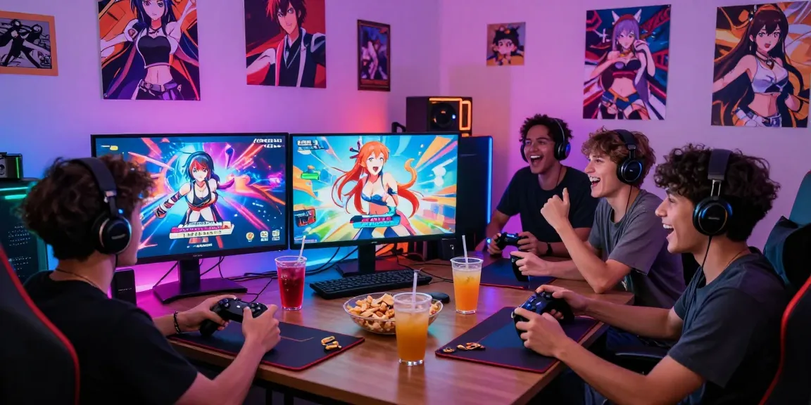 Group enjoying hentai games together in a vibrant gaming room.