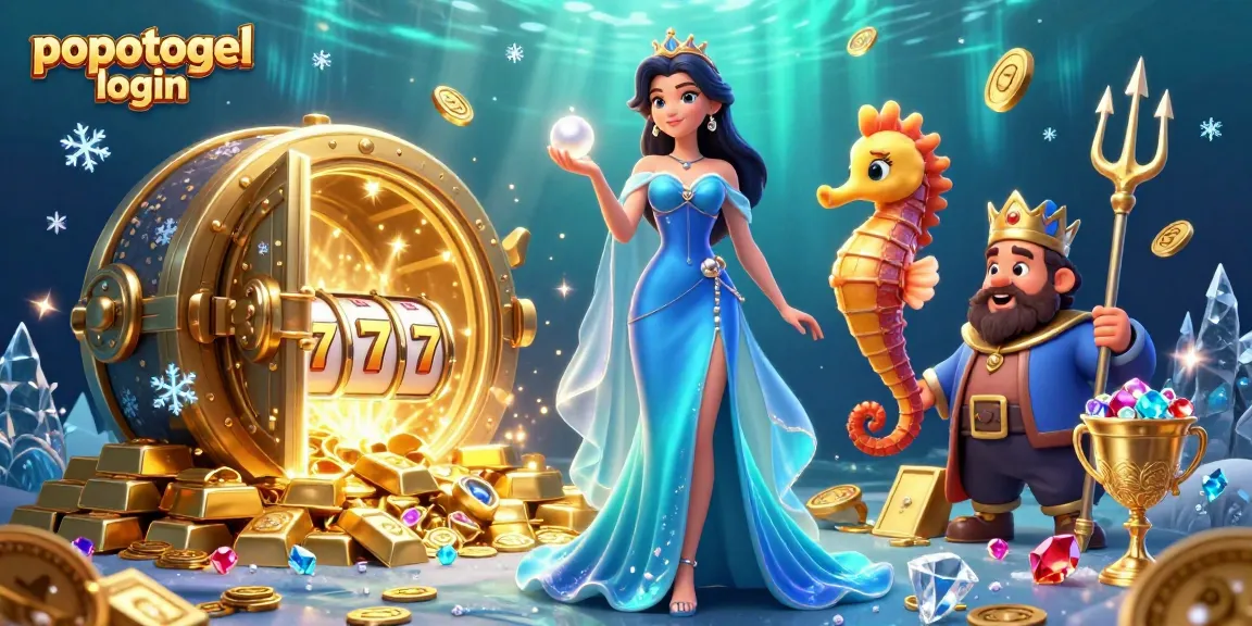 Engage with popotogel login at a vibrant online casino scene showcasing treasures and slot elements.