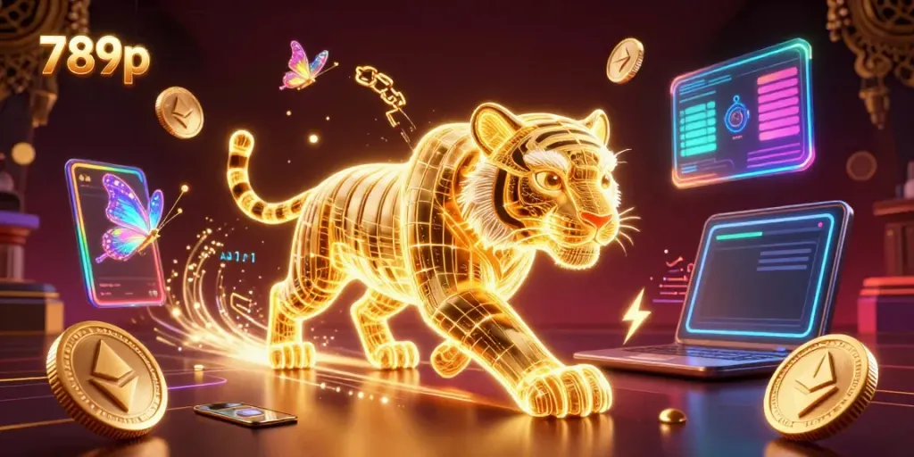 Experience the 789p casino adventure with a golden tiger in a vibrant digital landscape.