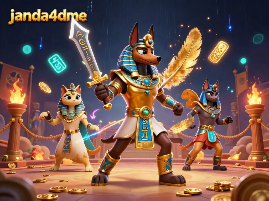 Janda4dme menghadirkan momen seru taruhan olahraga dengan Anubis dan Bastet dalam ilustrasi 3D.