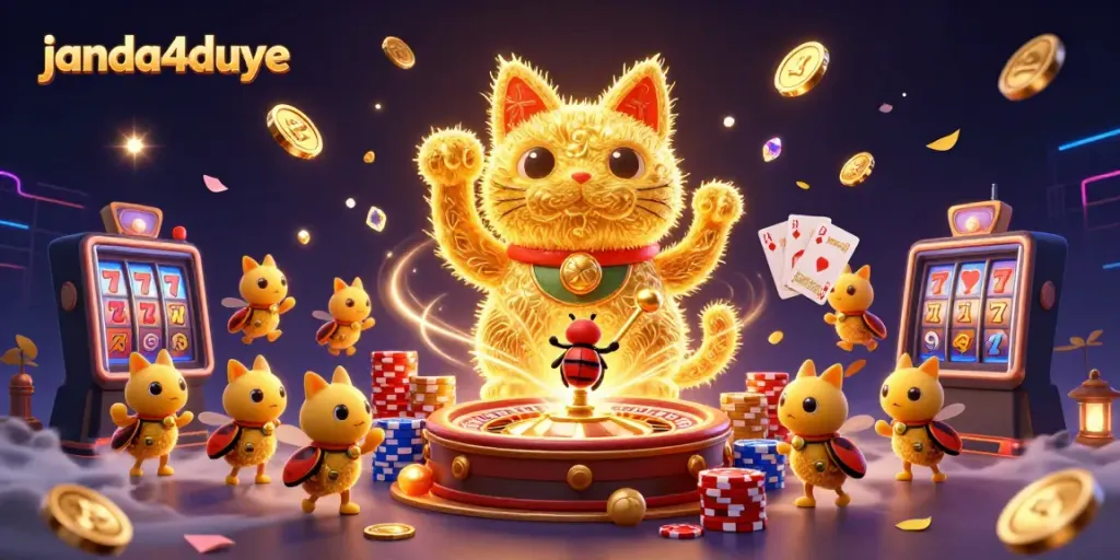 Raih keberuntungan di janda4duye dengan simbol kasino dan kucing bertuah.