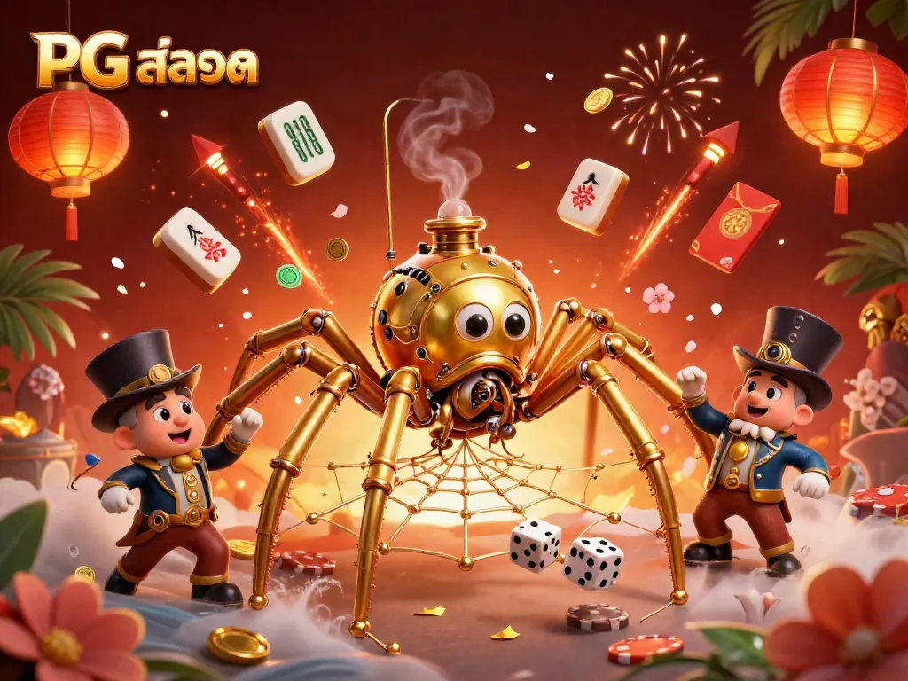 Engage in thrilling PG สล็อต action with a steampunk spider and fly gentleman in a vibrant casino world.