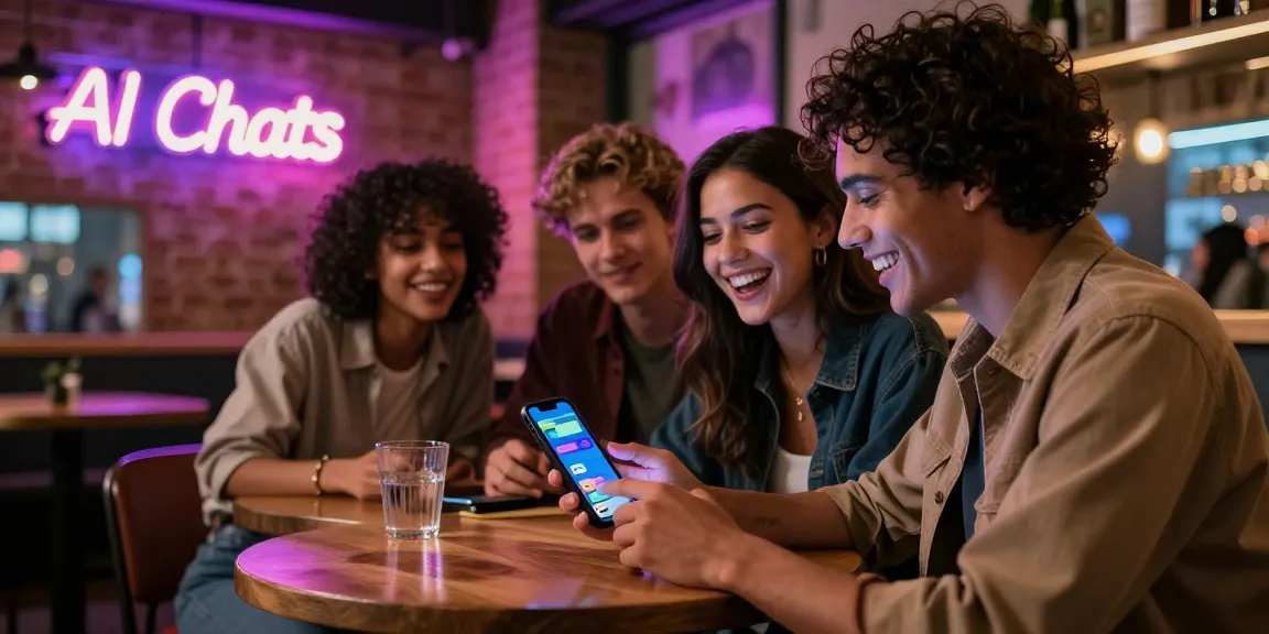 Friends exploring an NSFW AI chatbot in a chic café, blending tech and urban culture.