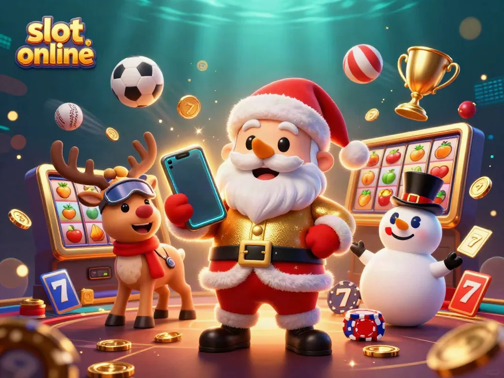 Bermain slot online dengan Santa Claus, rusa, dan manusia salju, penuh dengan elemen kasino dinamis.