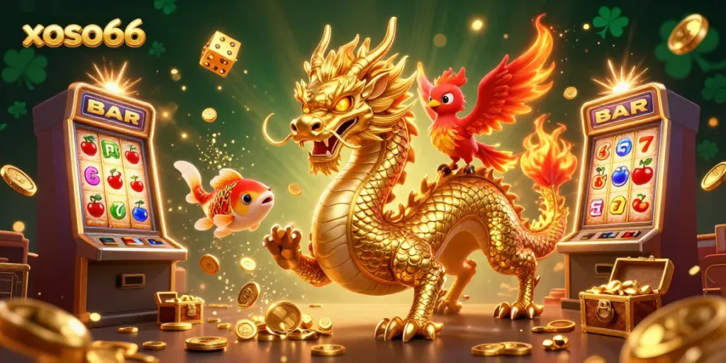 Experience excitement with xoso66, featuring a dynamic scene of a golden dragon and vibrant casino elements.