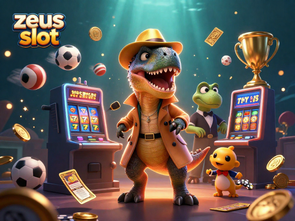 Experience zeus slot excitement with a velociraptor card counter at a vibrant slot machine surrounded by other engaging casino elements.