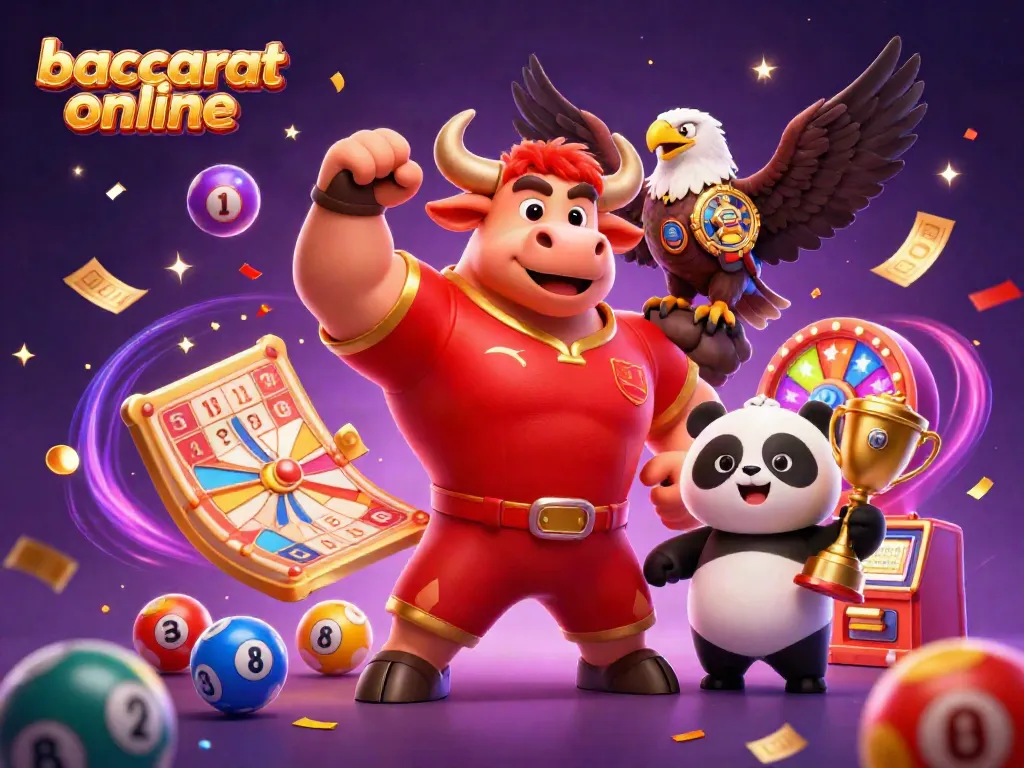 Engage with baccarat online in an energetic casino scene featuring a victorious bull, eagle, and panda.