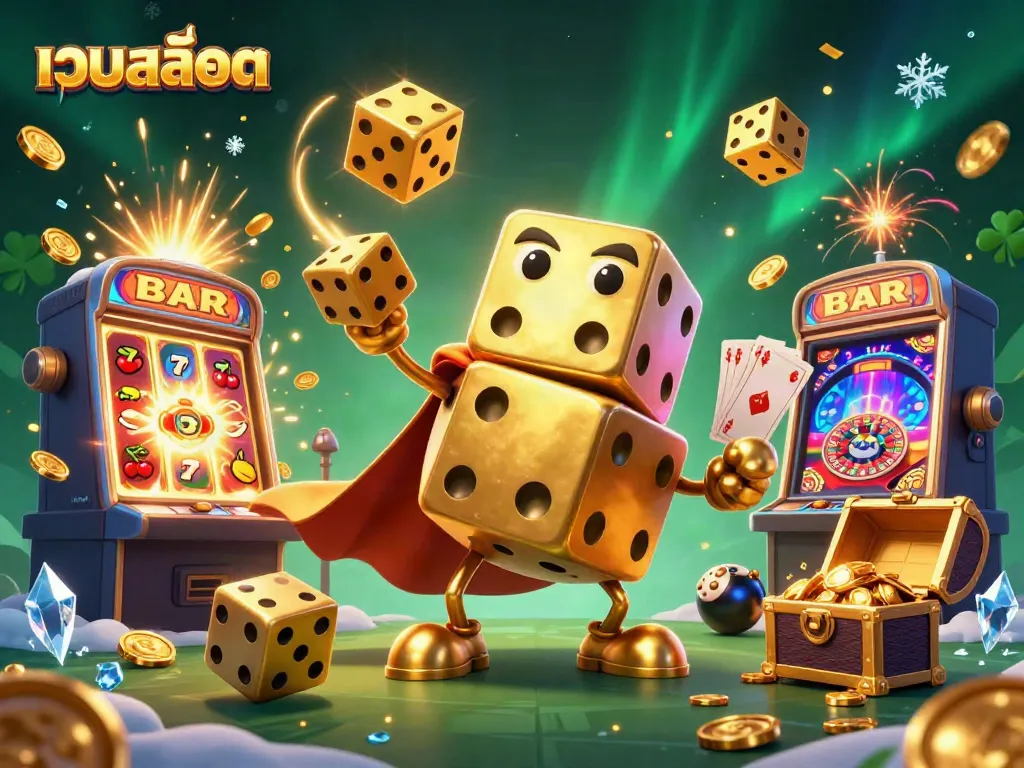 Explore เว็บสล็อต through immersive action as a golden dice golem juggles winning symbols in a vibrant casino.