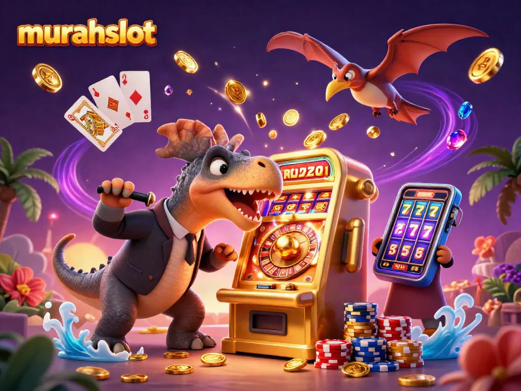 Murahslot menghadirkan kemenangan jackpot dengan pemandangan yang meriah dan penuh simbol kasino.