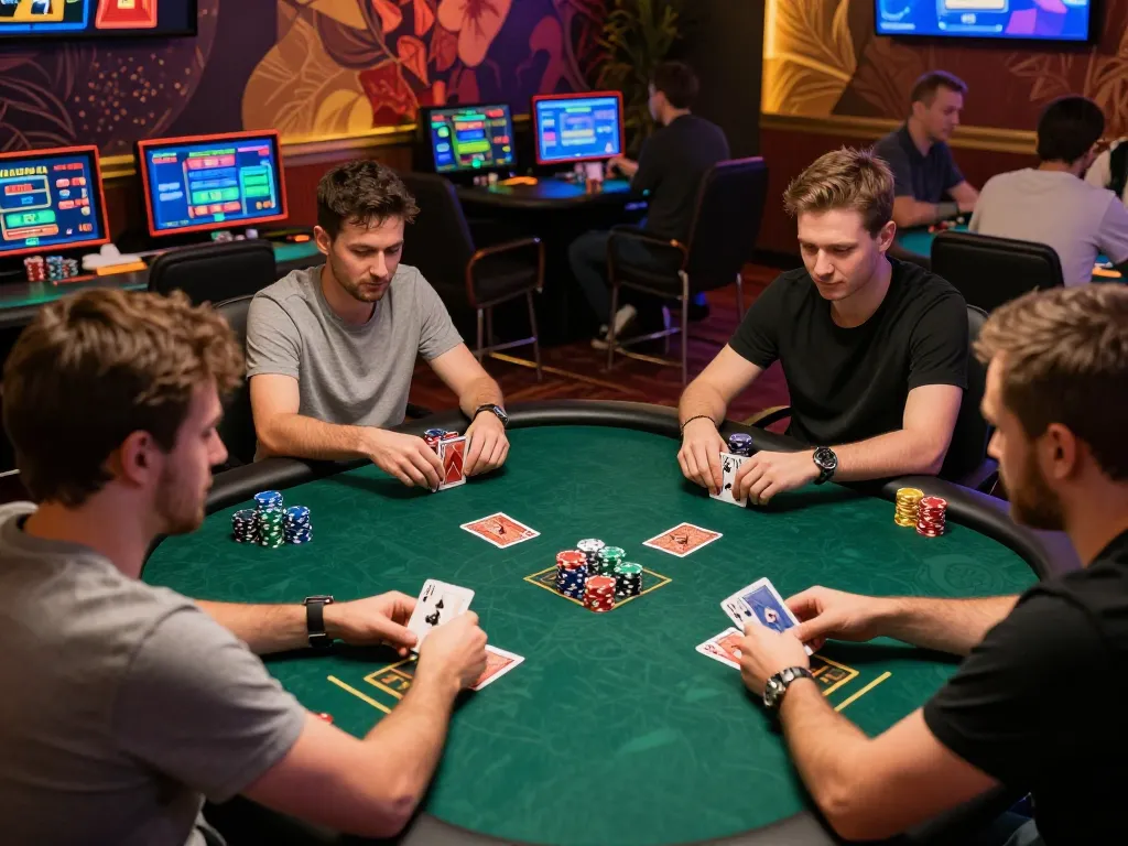 rikvip players engaging in an exciting online poker game, showcasing competitive gameplay and vibrant digital elements.