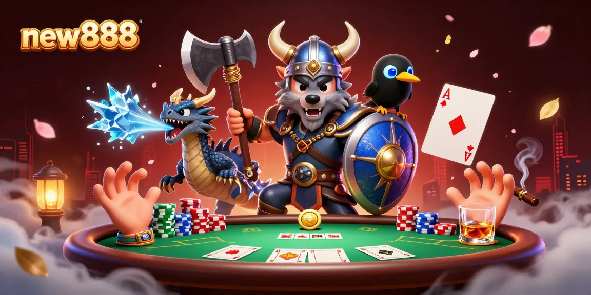 Experience excitement at new888 with a Viking wolf warrior, dragon, and poker elements.
