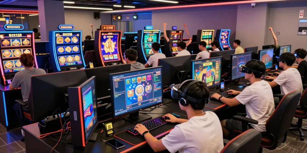 Engaged players celebrating wins at Bro138 high availability gaming hub surrounded by vibrant slot game visuals.