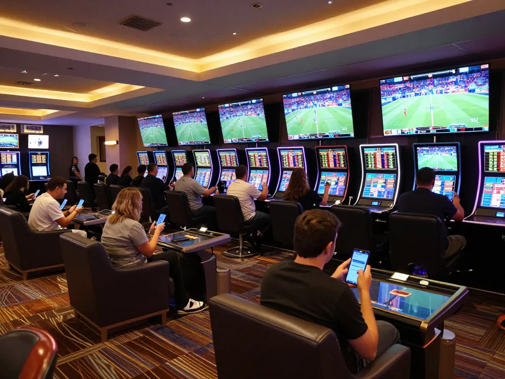 Spectators engaging in soi kèo nhà cái sports betting, showcasing live events and dynamic odds on screens.