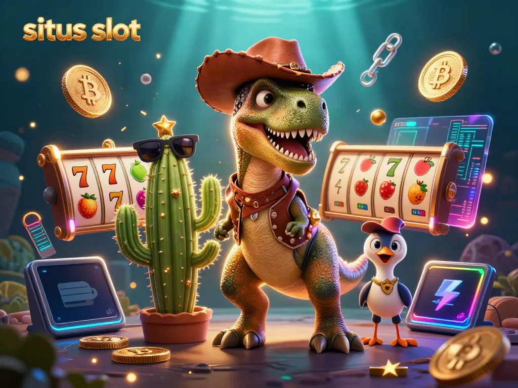Kemenangan bertema situs slot bersama karakter T-Rex, kaktus, dan burung pengantar dengan simbol jackpot