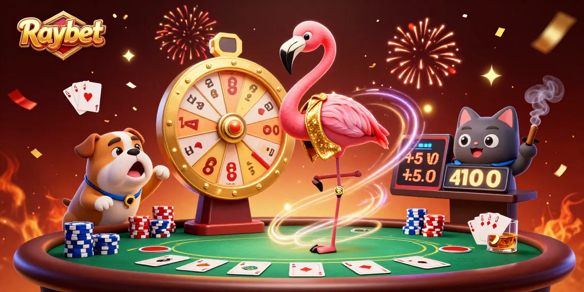 Engage in thrilling gameplay at Raybet with a 3D game show host, excited contestant, and vibrant casino elements.