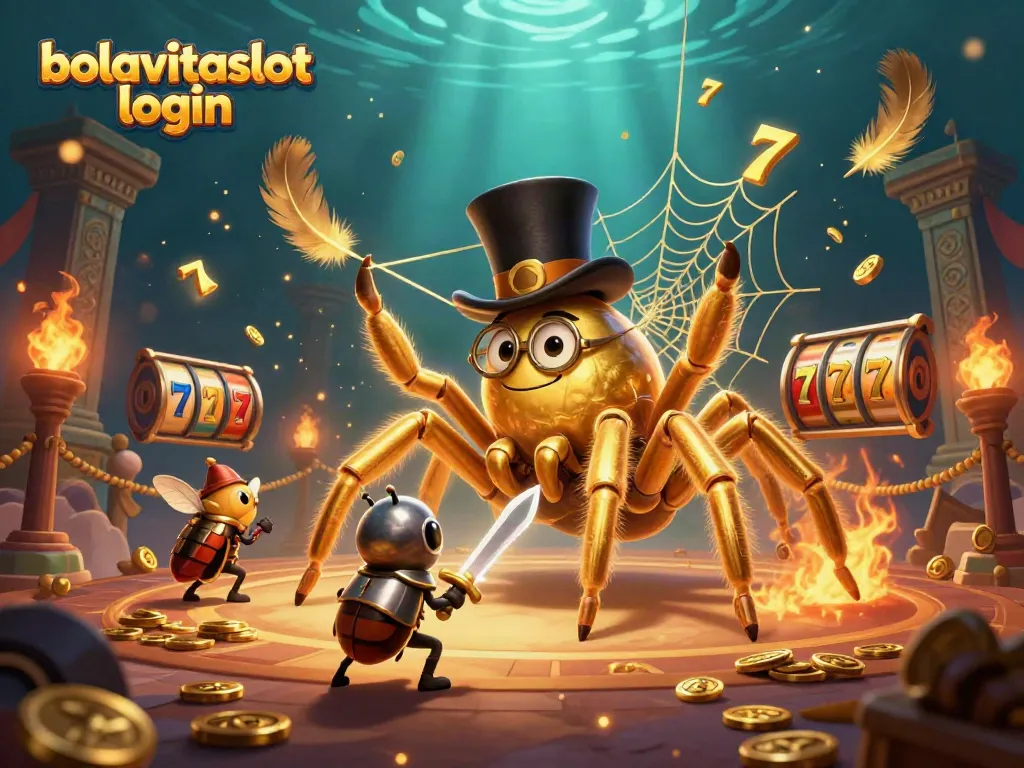 Experience the thrill of bolavitaslot login with vibrant slot elements, a brave beetle knight, and golden accents.