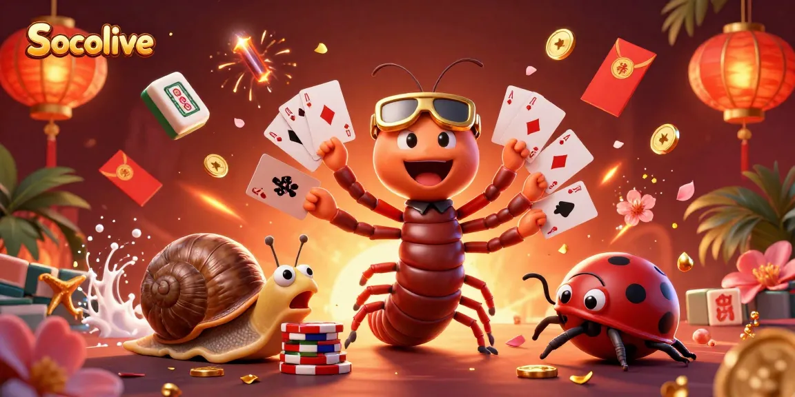 Socolive betting showcase with vibrant millipede dealer, high-roller snail, and excited pill bug amidst dynamic gaming elements.