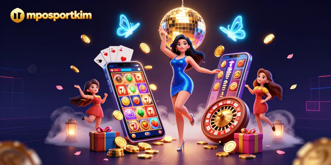 Experience thrilling slot action with mposportkim as a glamorous woman dances surrounded by vibrant game elements.