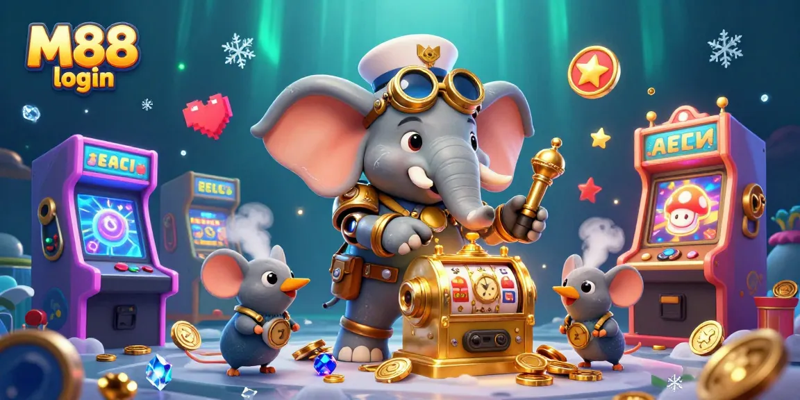 Experience the thrill of M88 login with vibrant casino-themed elements and steampunk characters.