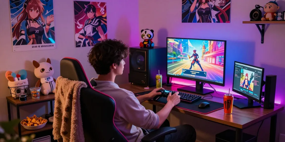 Engaged player enjoying a hentai game in a cozy gaming lounge.