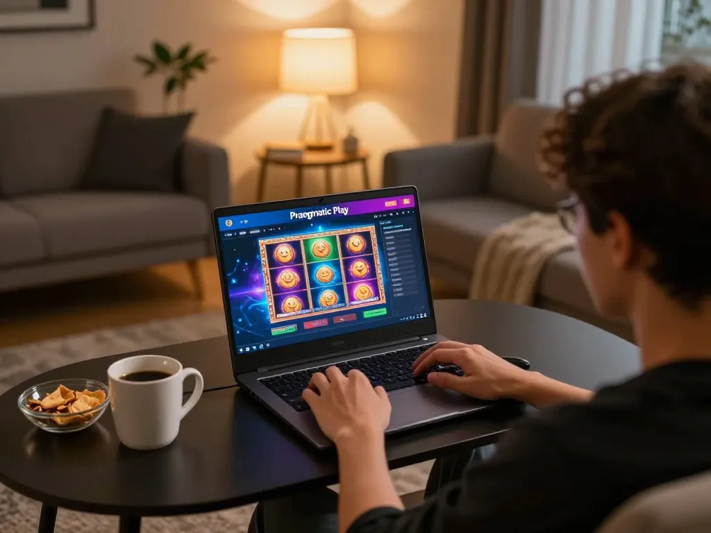 Engaged user with Pragmatic Play Login on laptop during online gaming session in cozy living room