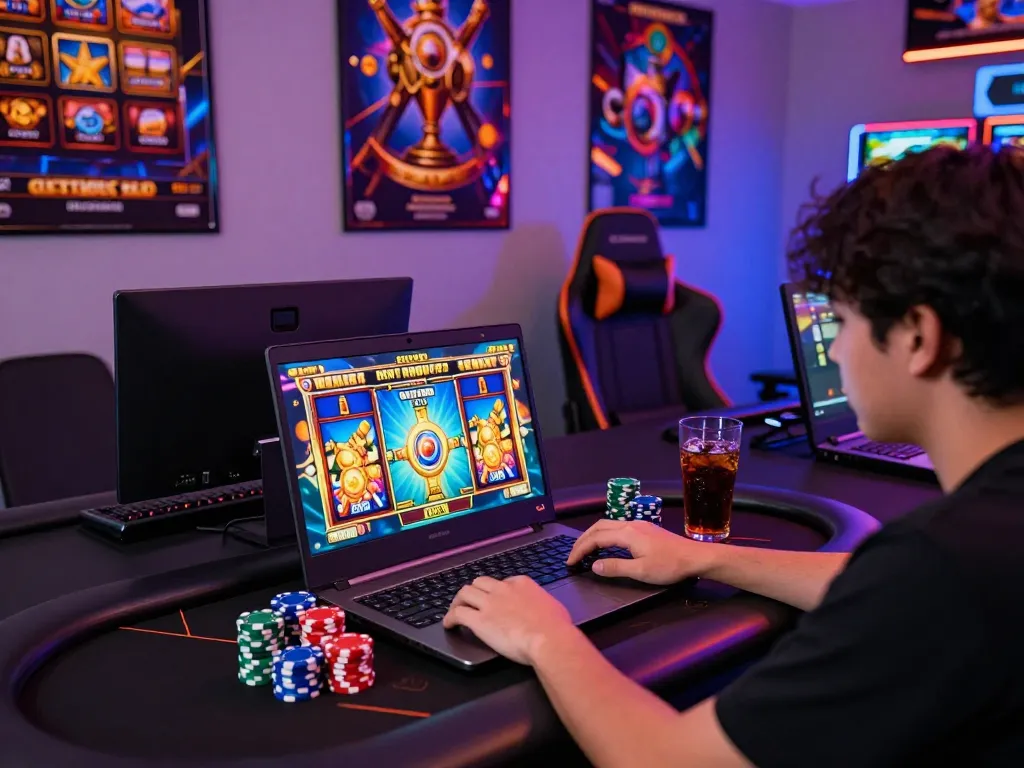 Situs slot gacor pengalaman bermain dengan seorang pemain yang menikmati animasi slot yang berwarna-warni di laptop mereka.