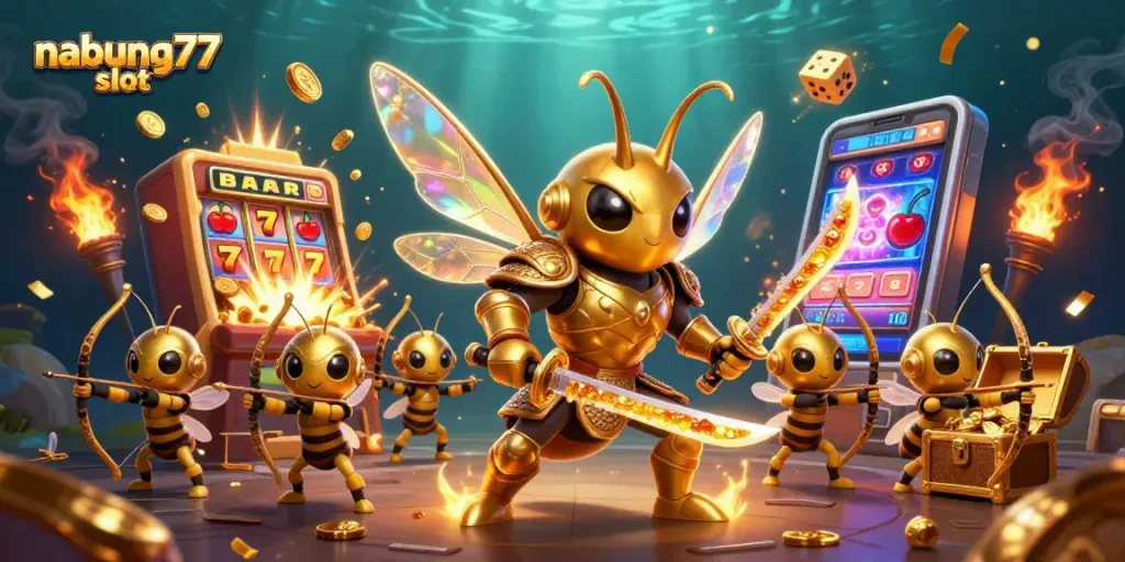 Engage with nabung77 slot's vibrant gameplay featuring a 3D golden hornet samurai amidst explosive jackpot details.
