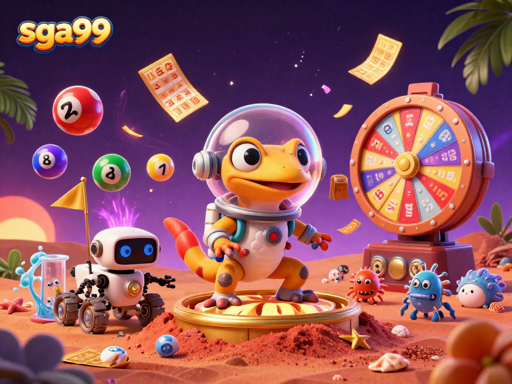 Experience the thrill of sga99 with a Martian gecko discovering a vibrant casino on Mars.