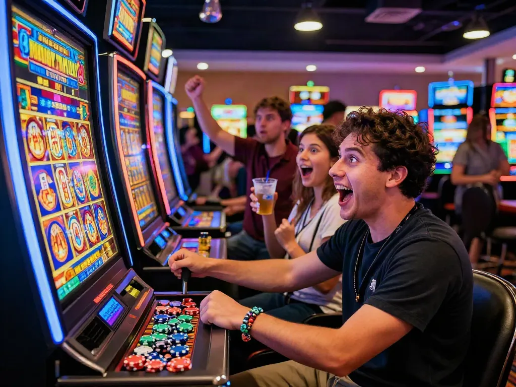 Excited player at slot machine engaging in thrilling slot jackpot experience in casino.